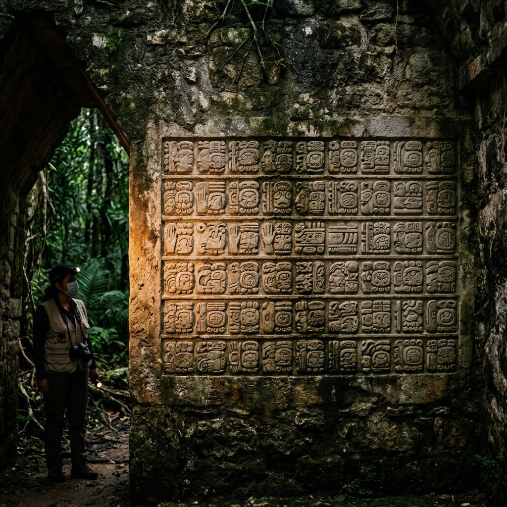 Side-lit Maya hieroglyphic inscription panel set into an ancient stone wall, showing rows of intricately carved glyph blocks including calendar notations