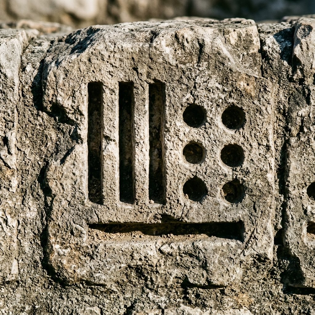 Macro close-up of Maya numeral bars and dots carved deeply into limestone, showing the base-20 notation system with hyperreal stone surface detail
