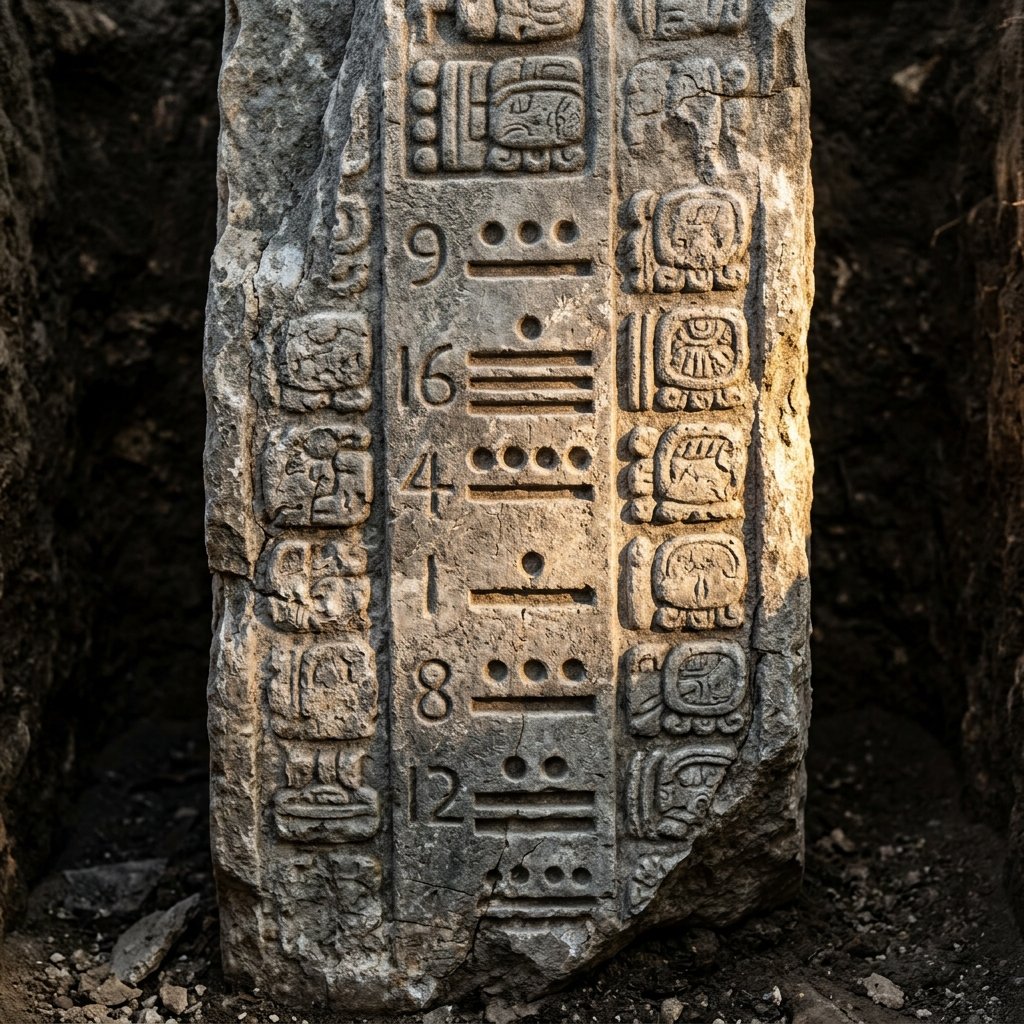 Ancient Maya stone stela with Long Count bar-and-dot numerals