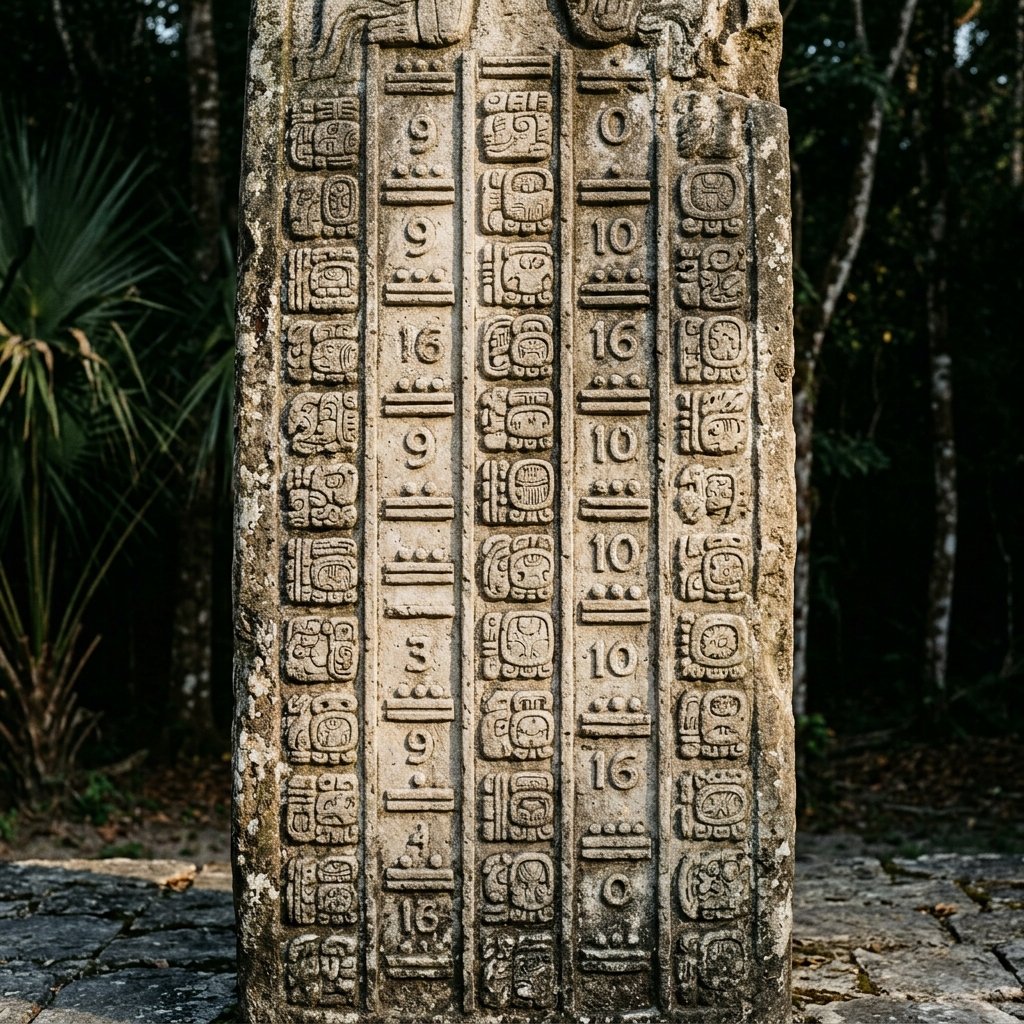 Ancient Maya stone stela carving showing Long Count calendar bar-and-dot numerals and period glyphs in vertical columns