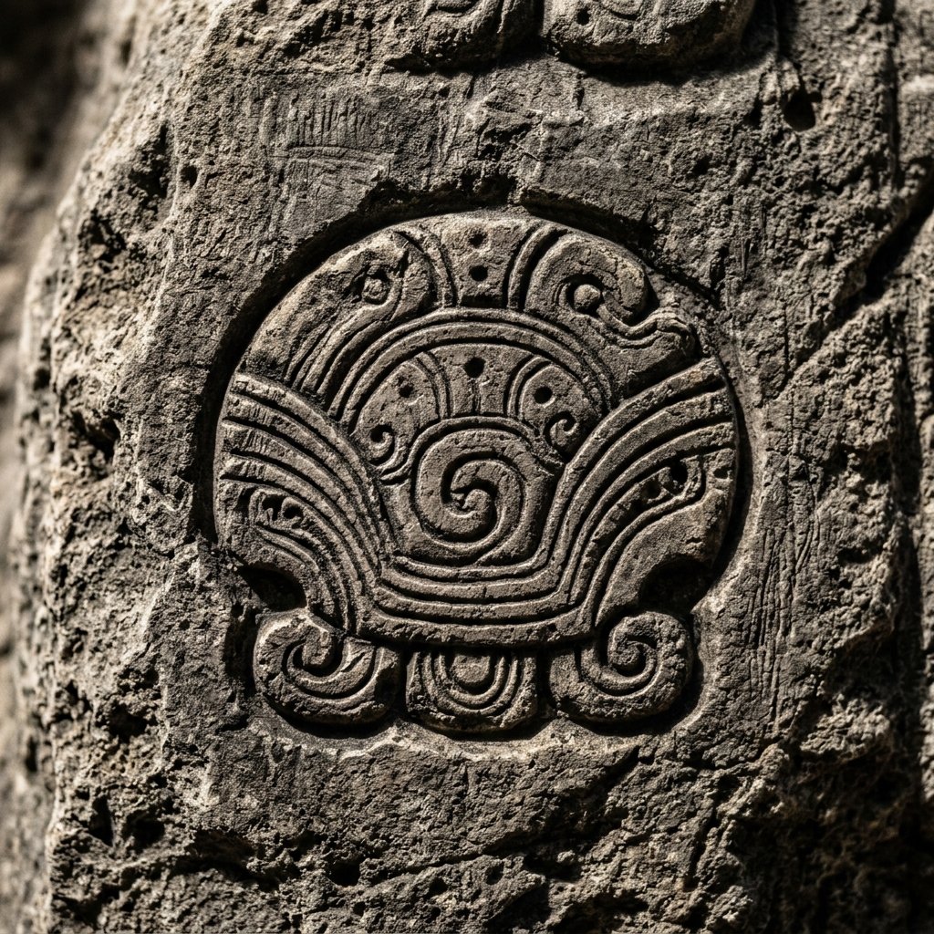 Extreme close-up of a Maya zero glyph carved in limestone, showing a shell-shaped symbol with fine incised details under dramatic raking archaeological light