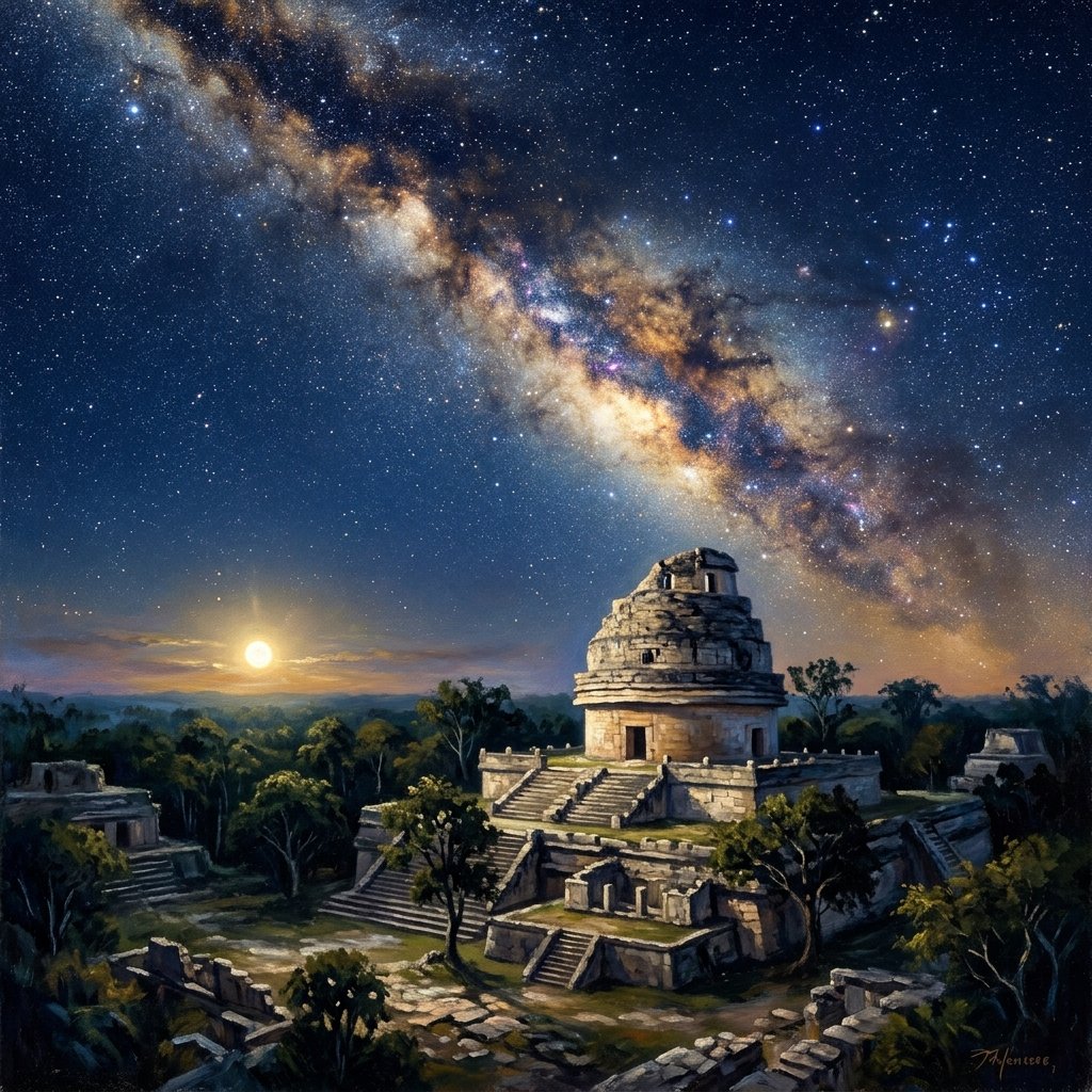 Ancient Maya observatory under a brilliant night sky with Venus blazing as the Morning Star