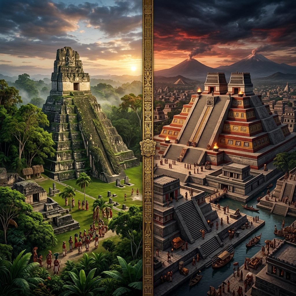 Dramatic split comparing Maya jungle pyramid and Aztec urban pyramid side by side