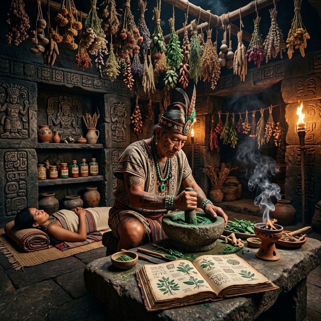 A Maya healer preparing herbal medicines in a temple chamber with dried herbs, codex pages, and copal incense
