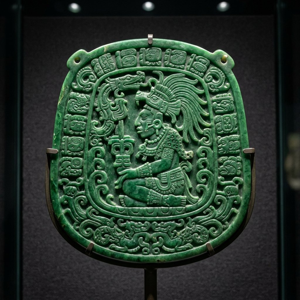 Ancient Maya jade pectoral showing carved deity figure — deep emerald green jadeite, polished smooth