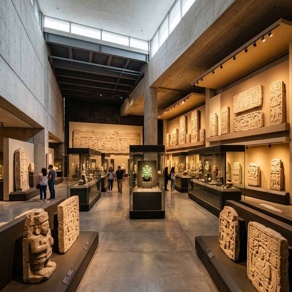 Interior of the Maya gallery at the Museo Nacional de Antropología — high ceilings, dramatic display cases with jade masks and carved stone figures