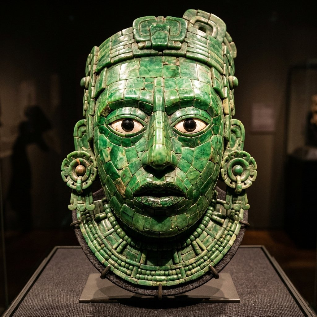 Close-up of the jade funeral mask of King K'inich Janaab Pakal of Palenque — emerald green jade mosaic with shell and obsidian eyes