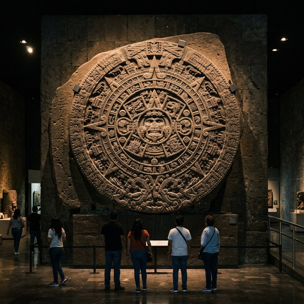 The massive Aztec Sun Stone displayed on a wall at the Museo Nacional de Antropología — nearly 4 meters in diameter with intricate concentric carvings