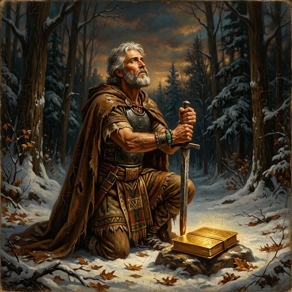Classical oil painting of Moroni, the last Nephite prophet, kneeling in a snowy forest burying the golden plates