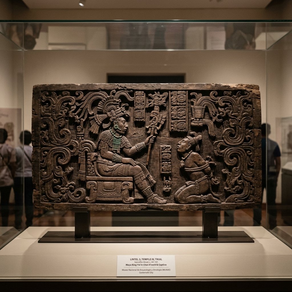 Ancient Maya carved wooden lintel from Tikal Temple IV — sapodilla wood beam showing a king on a palanquin throne