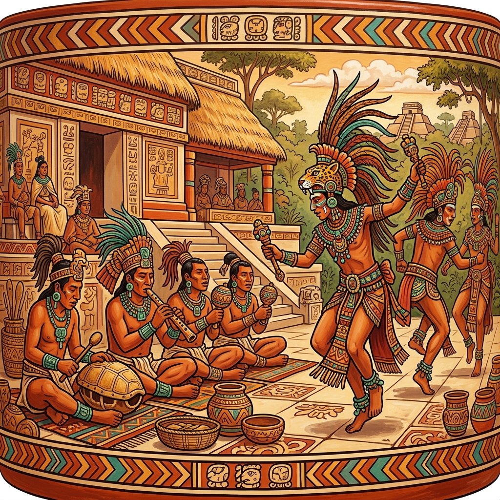 Maya painted ceramic scene showing musicians performing — drummers, flute players, and dancers in ceremonial costume