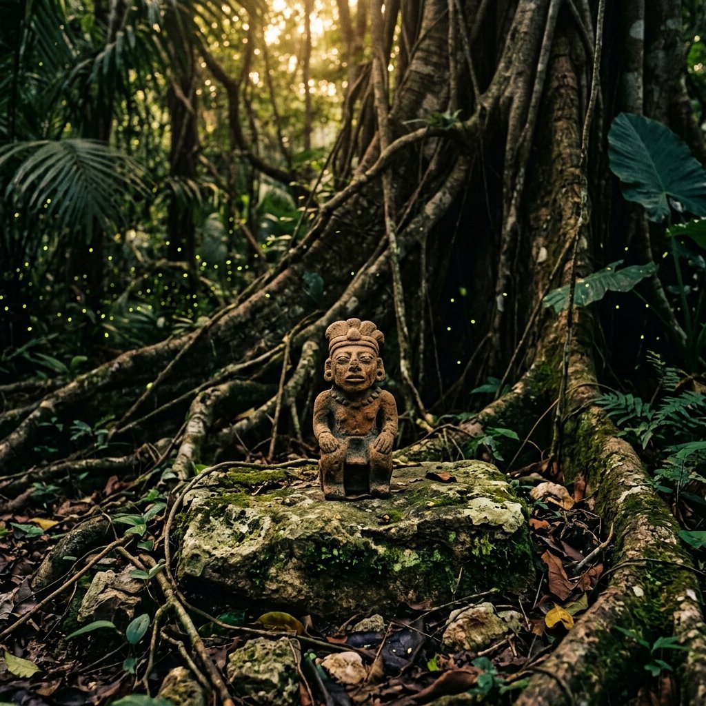 A weathered Maya clay figurine of an Alux forest spirit on a mossy altar in the Yucatán jungle