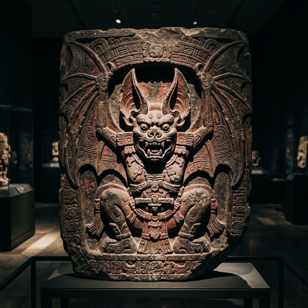 Ancient Maya carved stone sculpture of Camazotz the death bat deity with bared fangs and extended wings