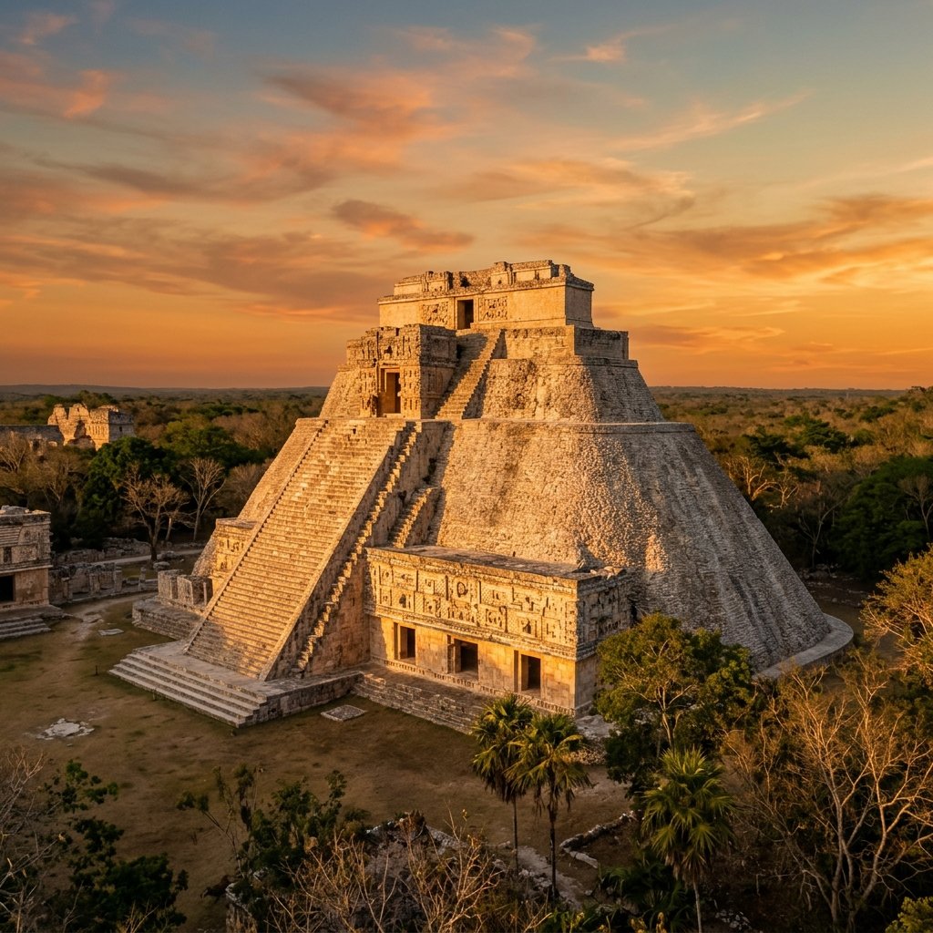 The Pyramid of the Magician at Uxmal at golden hour sunset