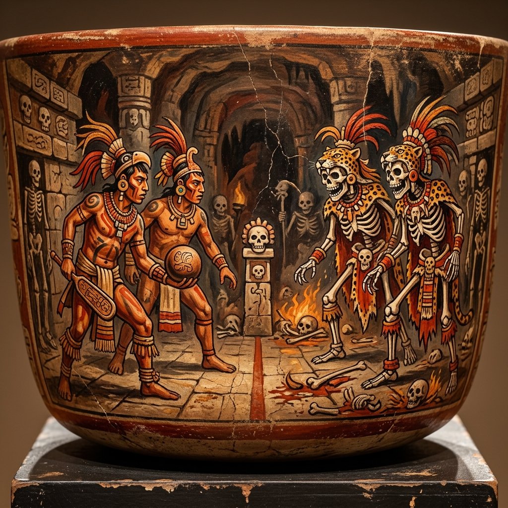 Maya polychrome painting of the Hero Twins facing the Lords of Death in Xibalba