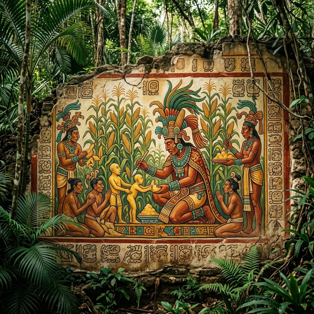 Maya mural depicting the creation of humanity from maize dough