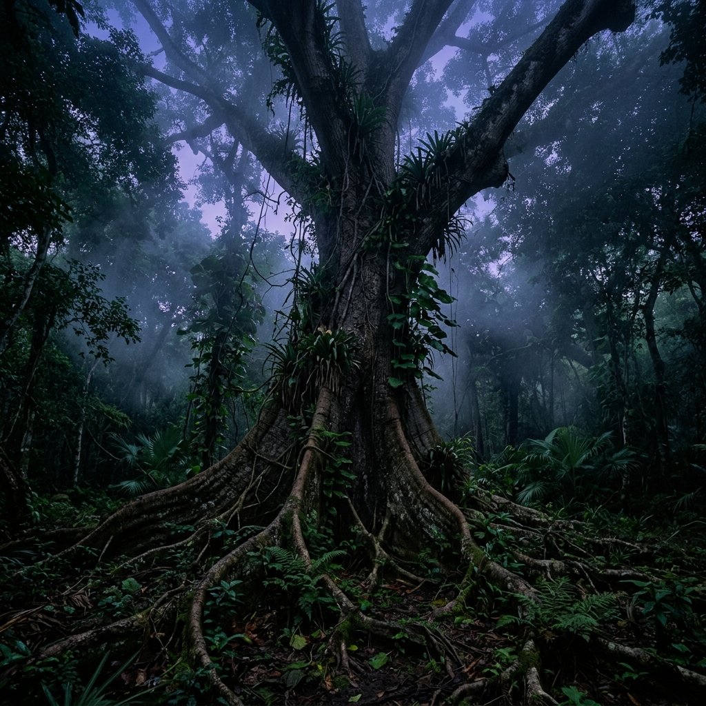 A massive sacred ceiba tree in the Yucatan jungle at twilight with ethereal mist