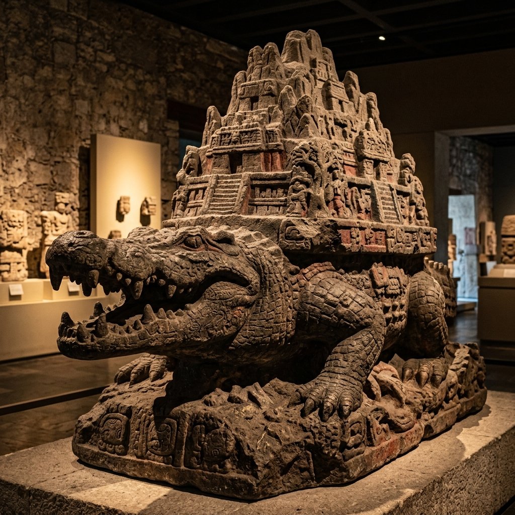 Maya stone carving of a crocodilian earth monster carrying a mountain on its back