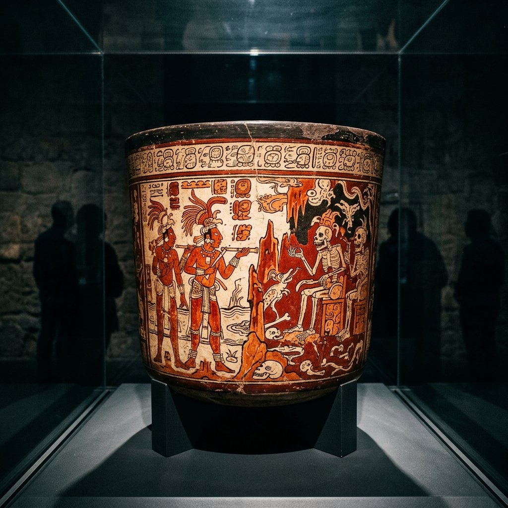 An ancient Maya polychrome ceramic vessel depicting mythological scenes — Hero Twins facing the Lords of Xibalba — displayed under museum lighting