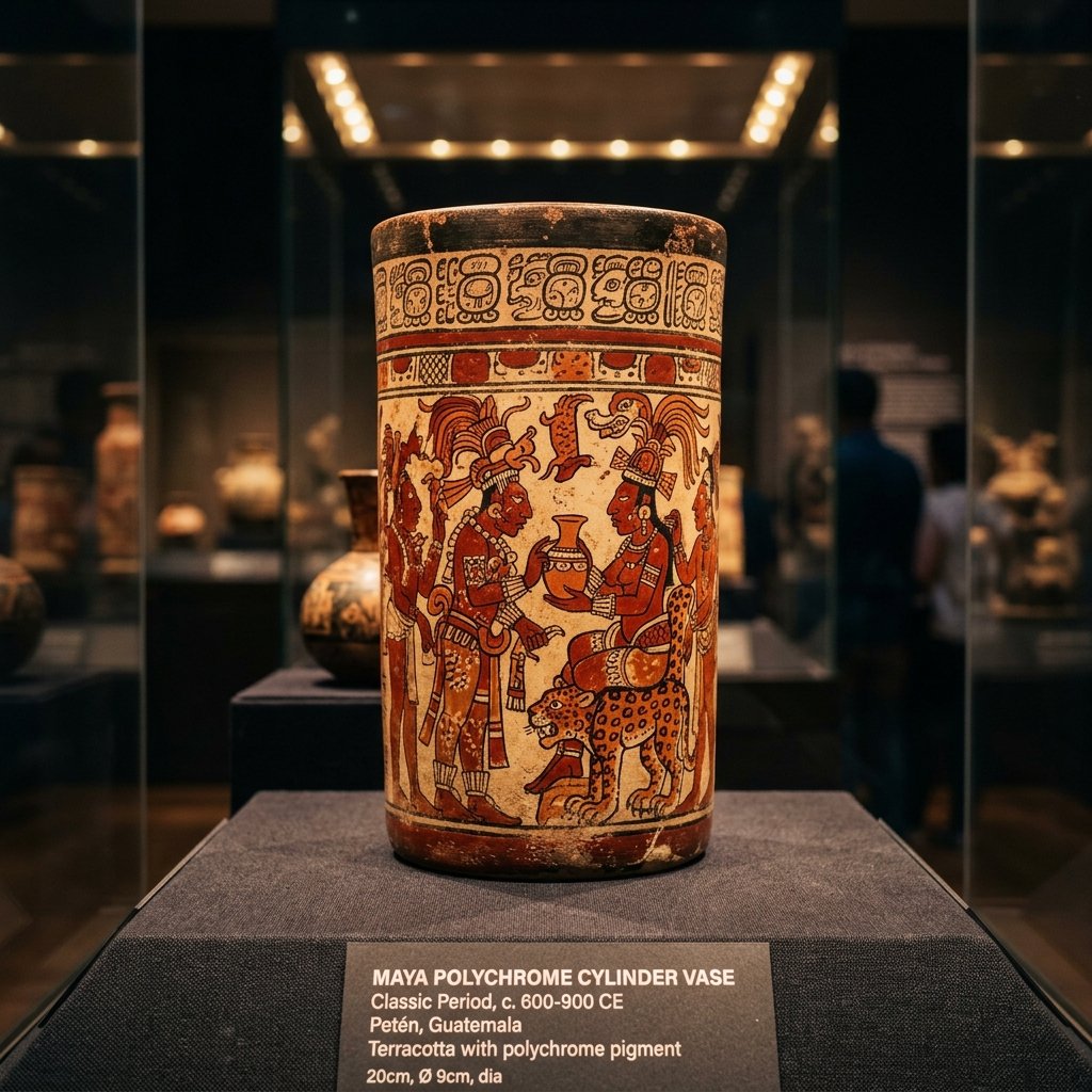 Ancient Maya polychrome ceramic cylinder vase with painted mythological figures