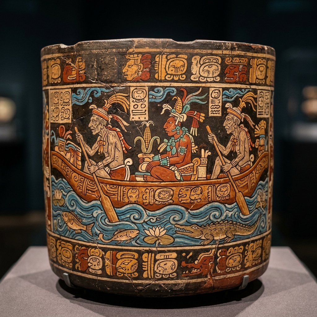 Maya painted ceramic showing the Paddler Gods ferrying the Maize God in a dugout canoe through the underworld