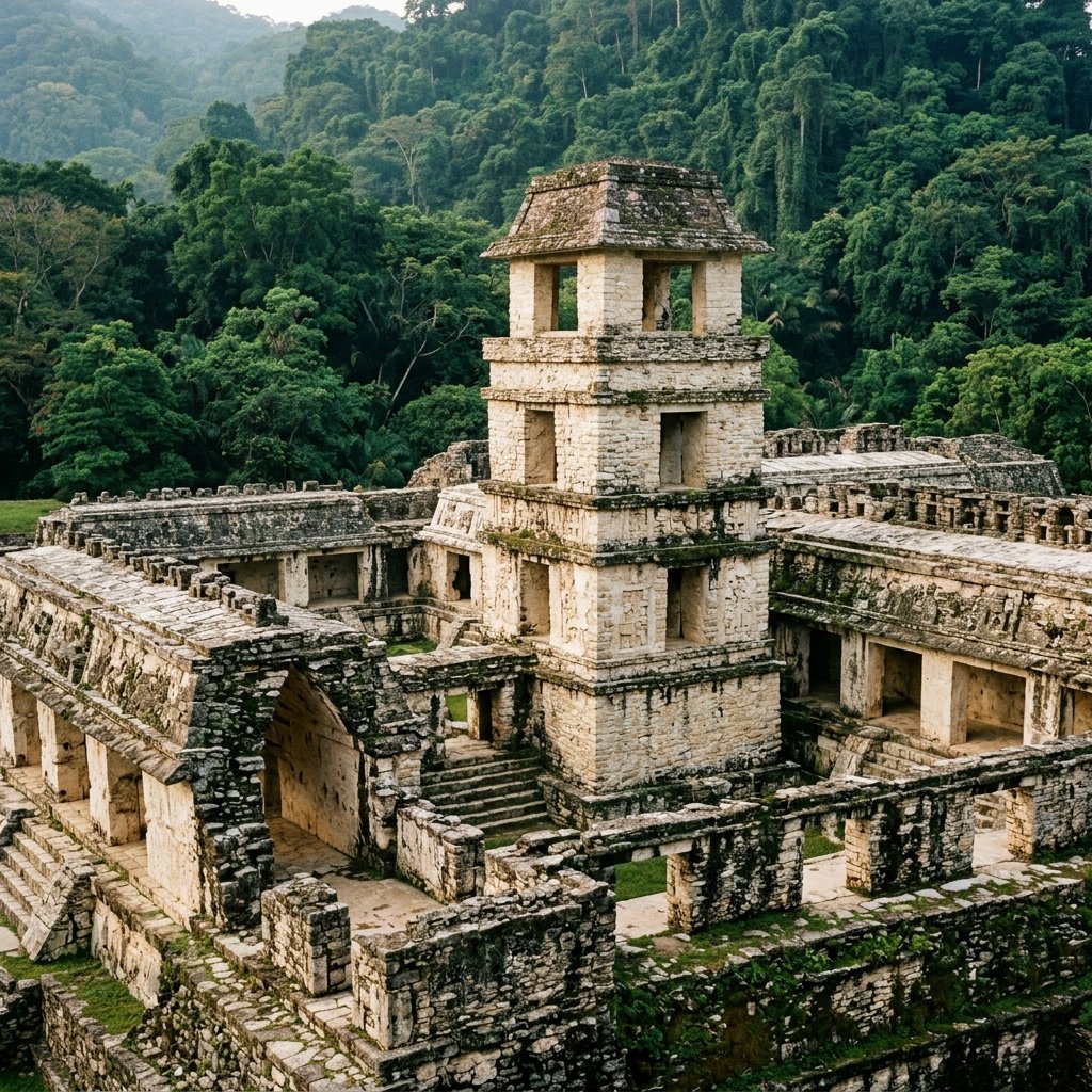 The Palace tower at Palenque — the only multi-story tower in Maya architecture, rising from a complex of courtyards and galleries