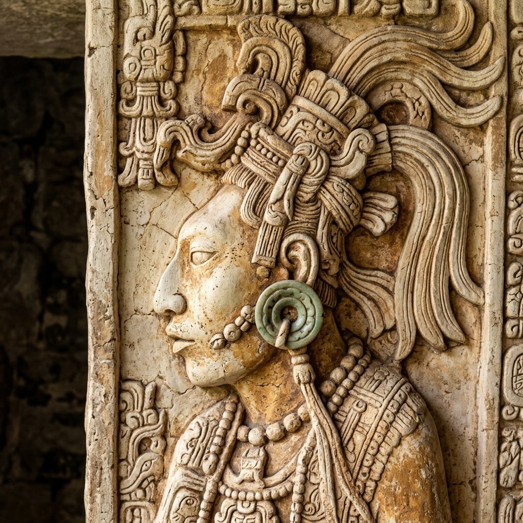 Close-up of a Palenque stucco relief — a noble Maya face with elongated forehead, jade ear spool, and elaborate quetzal feather headdress