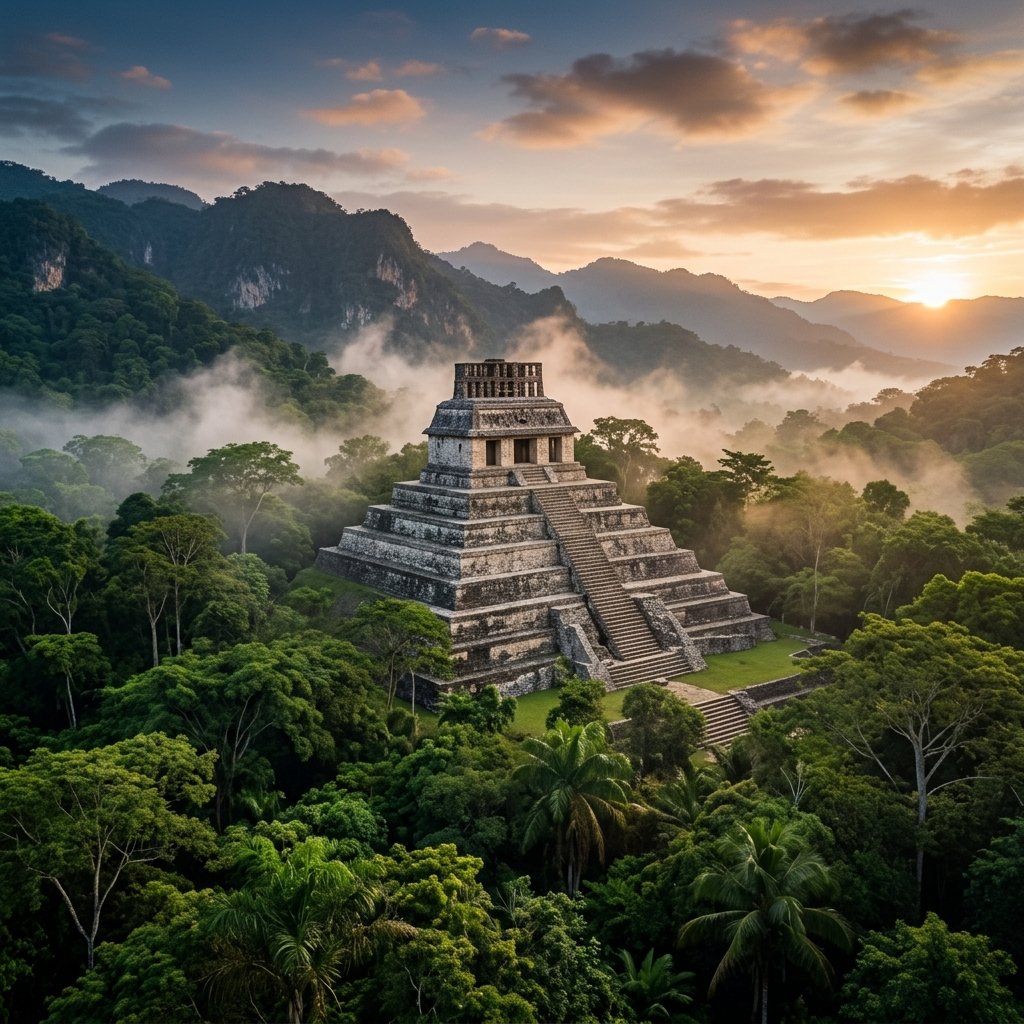 The Temple of the Inscriptions at Palenque emerging from jungle mist at dawn