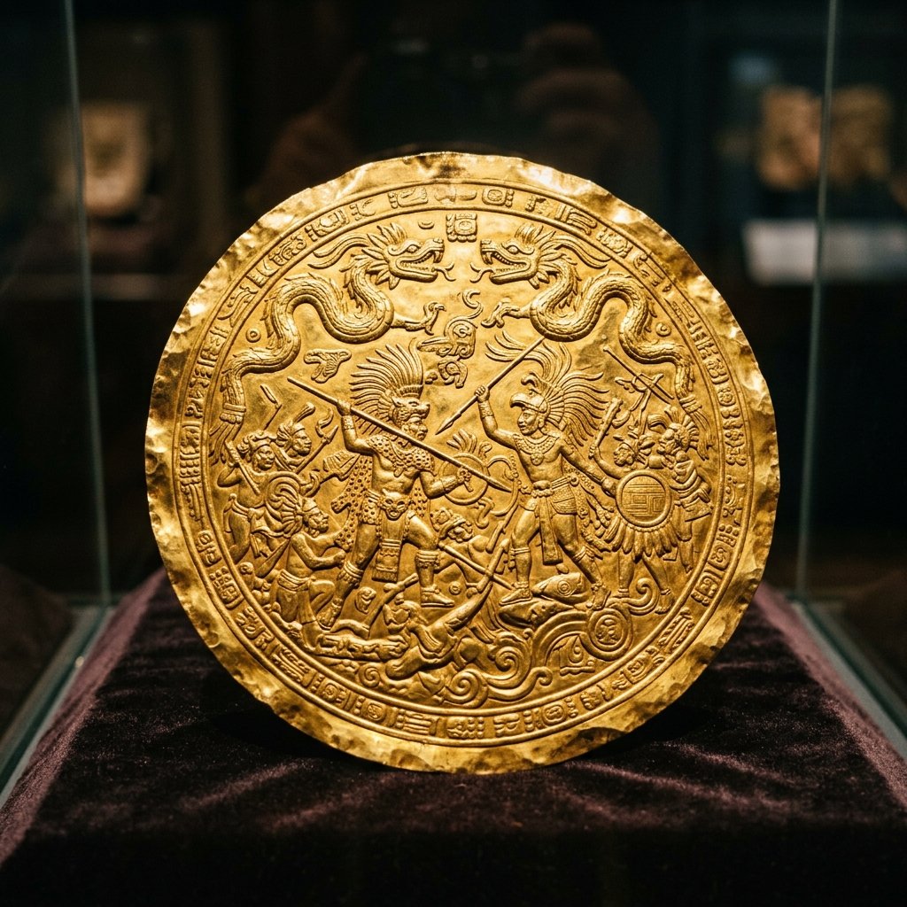 Ancient Maya gold disk with repousse battle scene showing warriors and feathered serpents, from the Sacred Cenote of Chichén Itzá