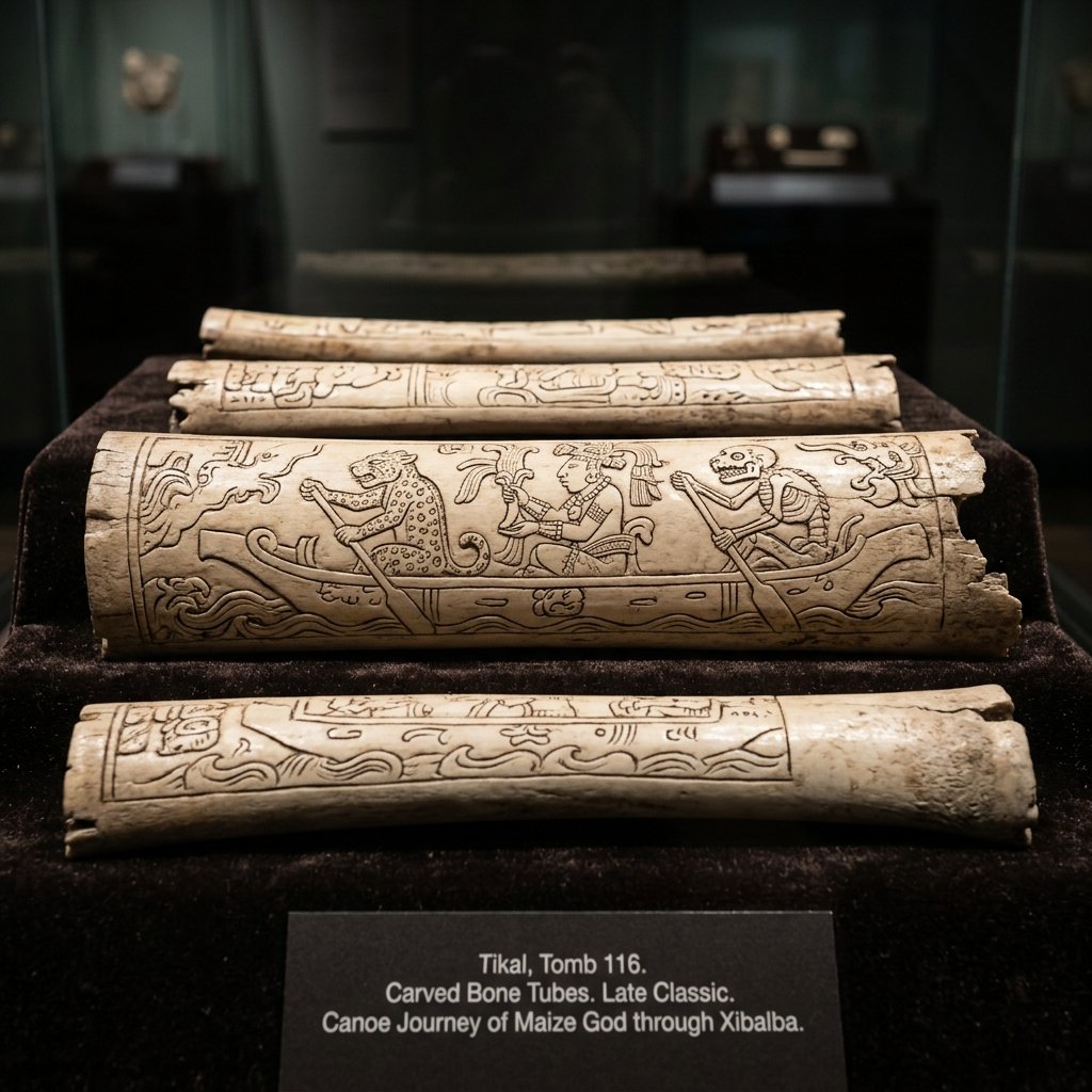 Ancient Maya carved bone tubes from Tikal Burial 116 showing finely incised mythological scenes of the Maize God's underworld journey