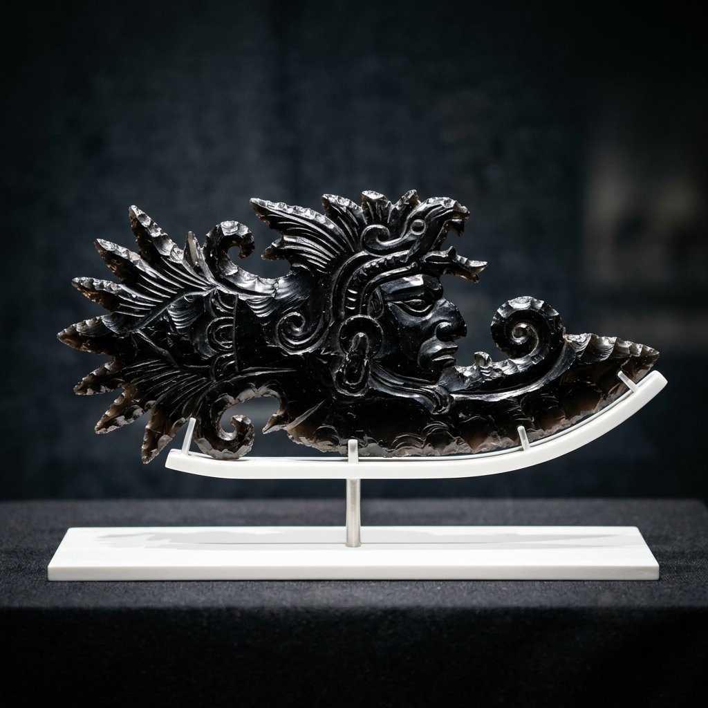 Maya obsidian eccentric — ceremonial blade chipped from volcanic glass into the profile of a deity with elaborate projections