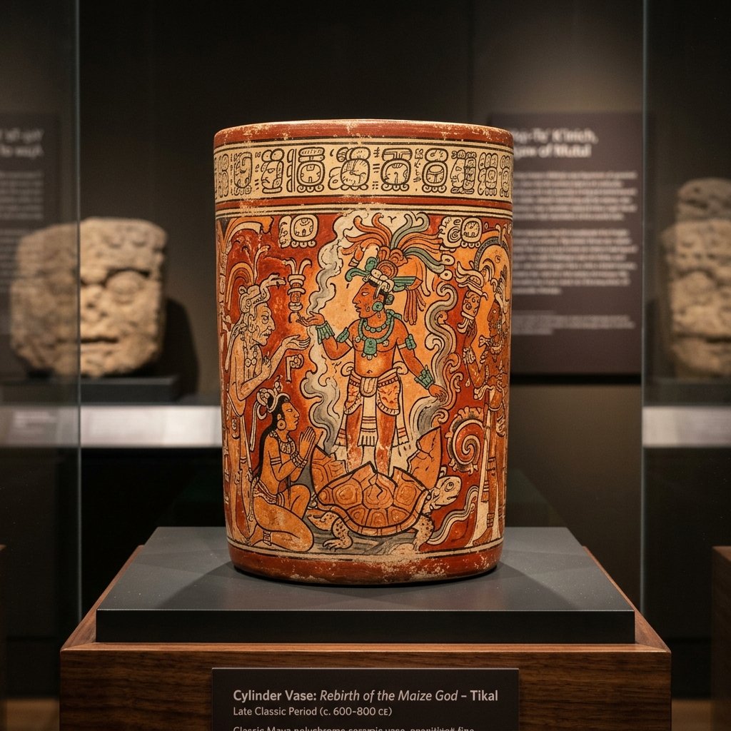 Classic Maya polychrome ceramic cylinder vase from Tikal painted with mythological scene of the Maize God