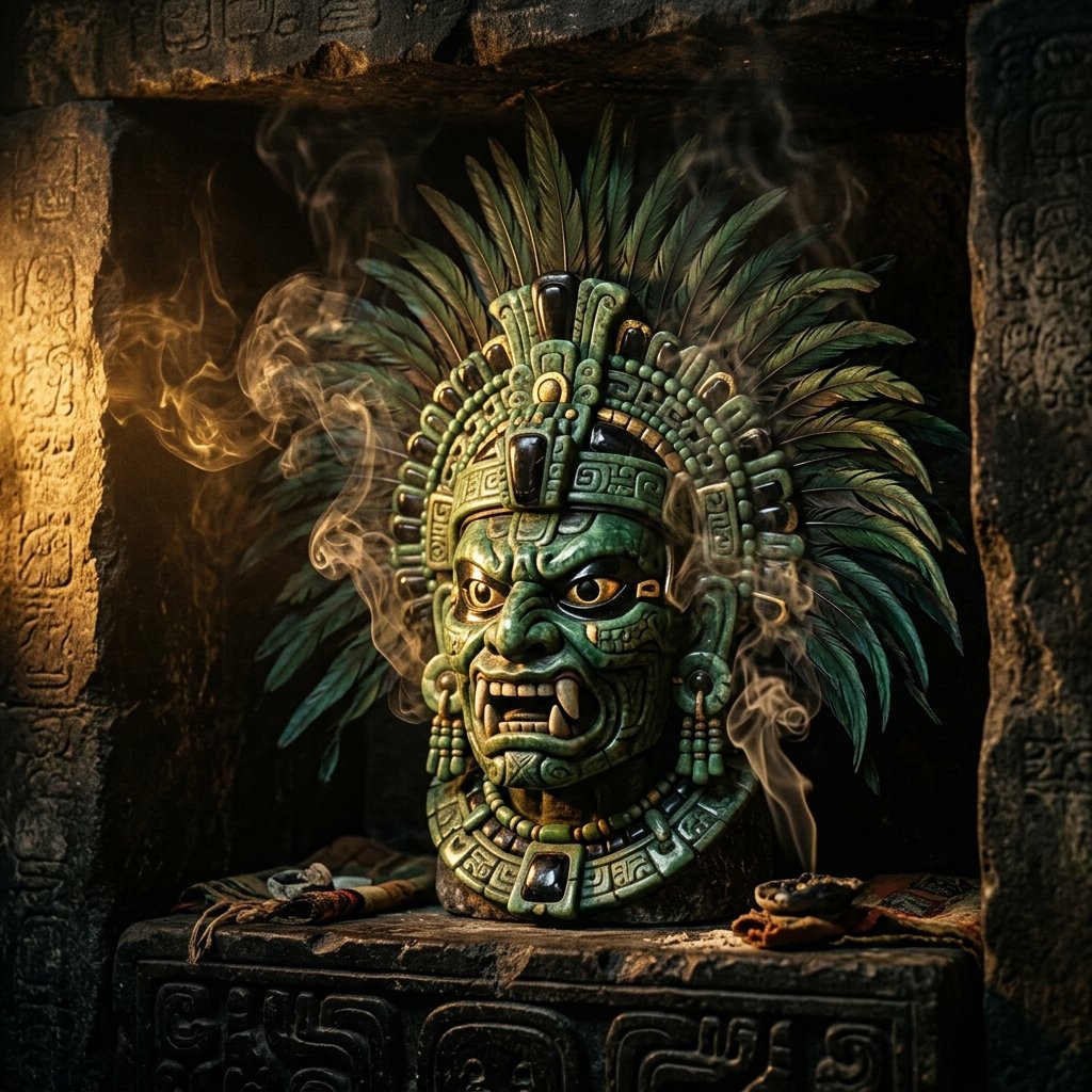 Dramatic Maya deity sculpture with jade ornaments surrounded by incense smoke