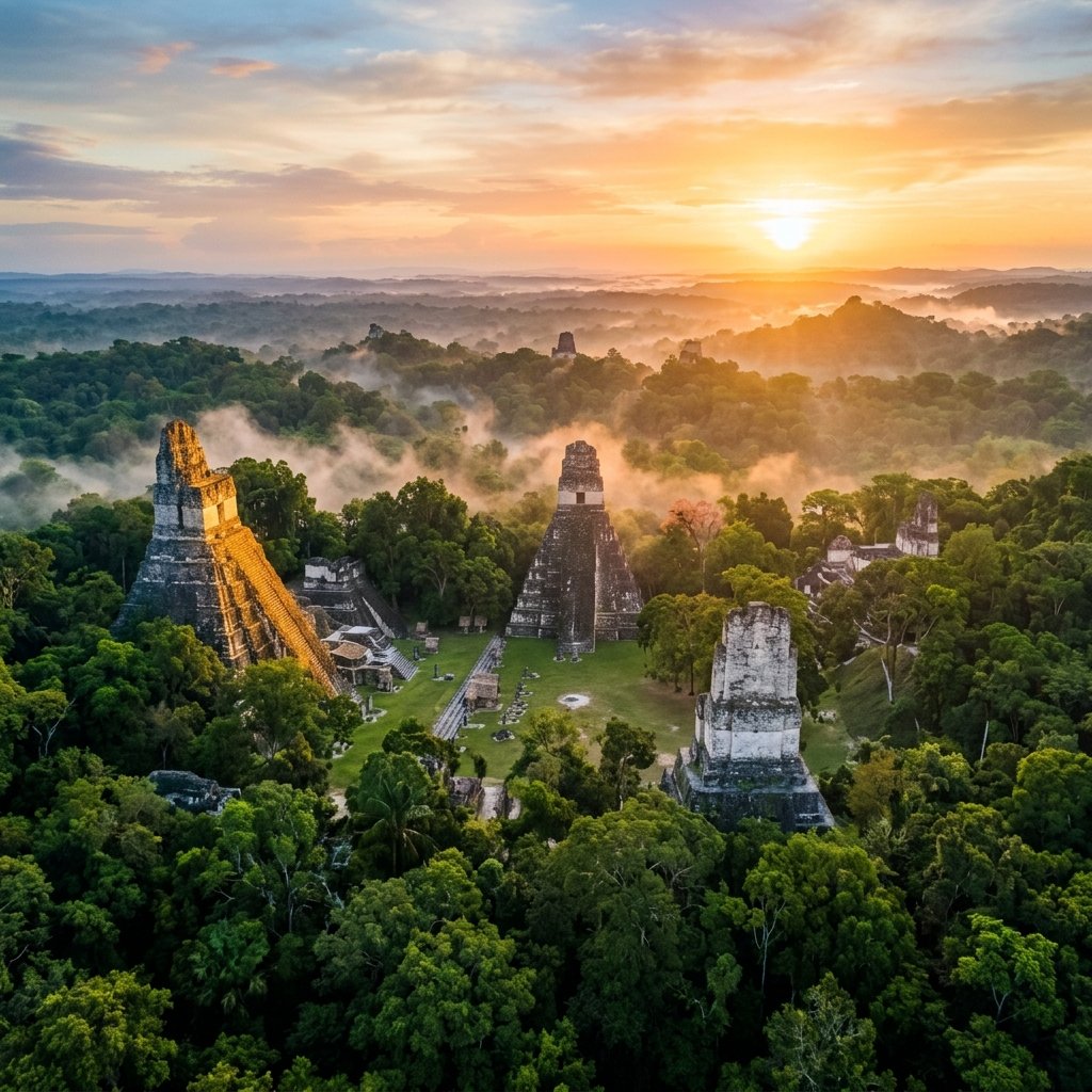 Panoramic view of Tikal pyramids emerging from the jungle canopy at sunrise