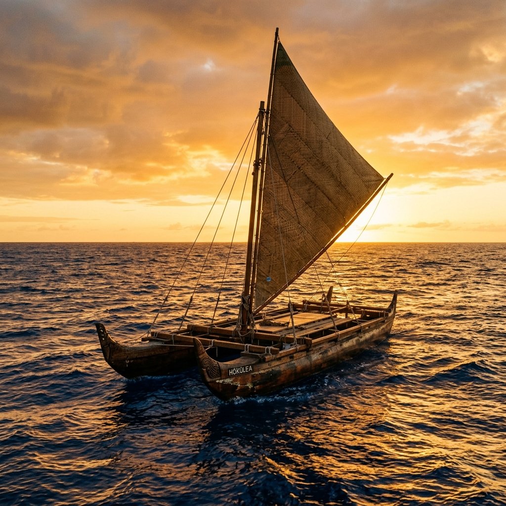 Traditional Polynesian double-hulled sailing canoe on the open Pacific Ocean at sunset — demonstrating the ocean-crossing capability of ancient seafarers