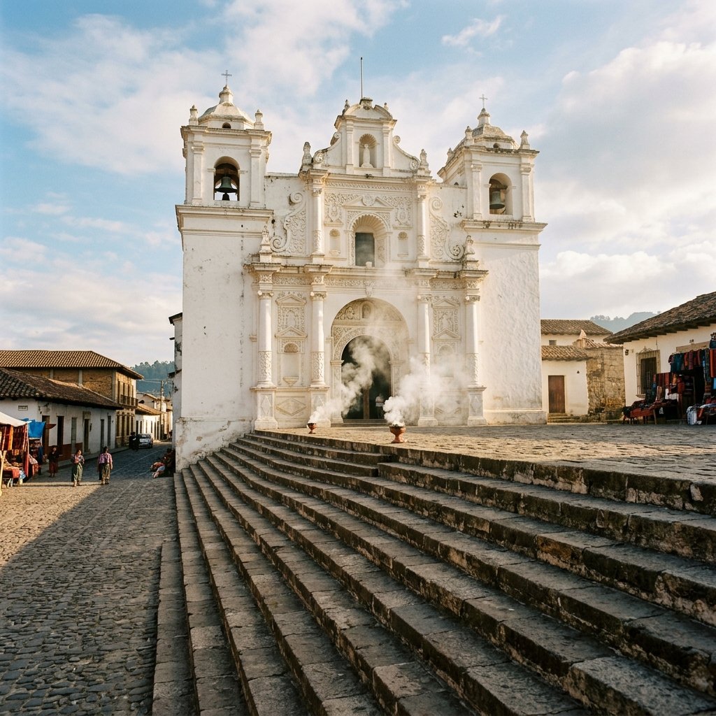 The white colonial church of Santo Tomás in Chichicastenango, Guatemala, with stone steps leading up to the ornate facade and copal incense smoke rising from burners on the steps