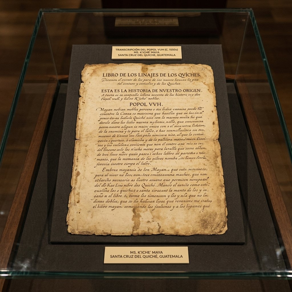 An aged historical manuscript page with handwritten colonial-era text in faded brown ink on yellowed paper, displayed in a museum case — representing the type of document in which the Popol Vuh was transcribed