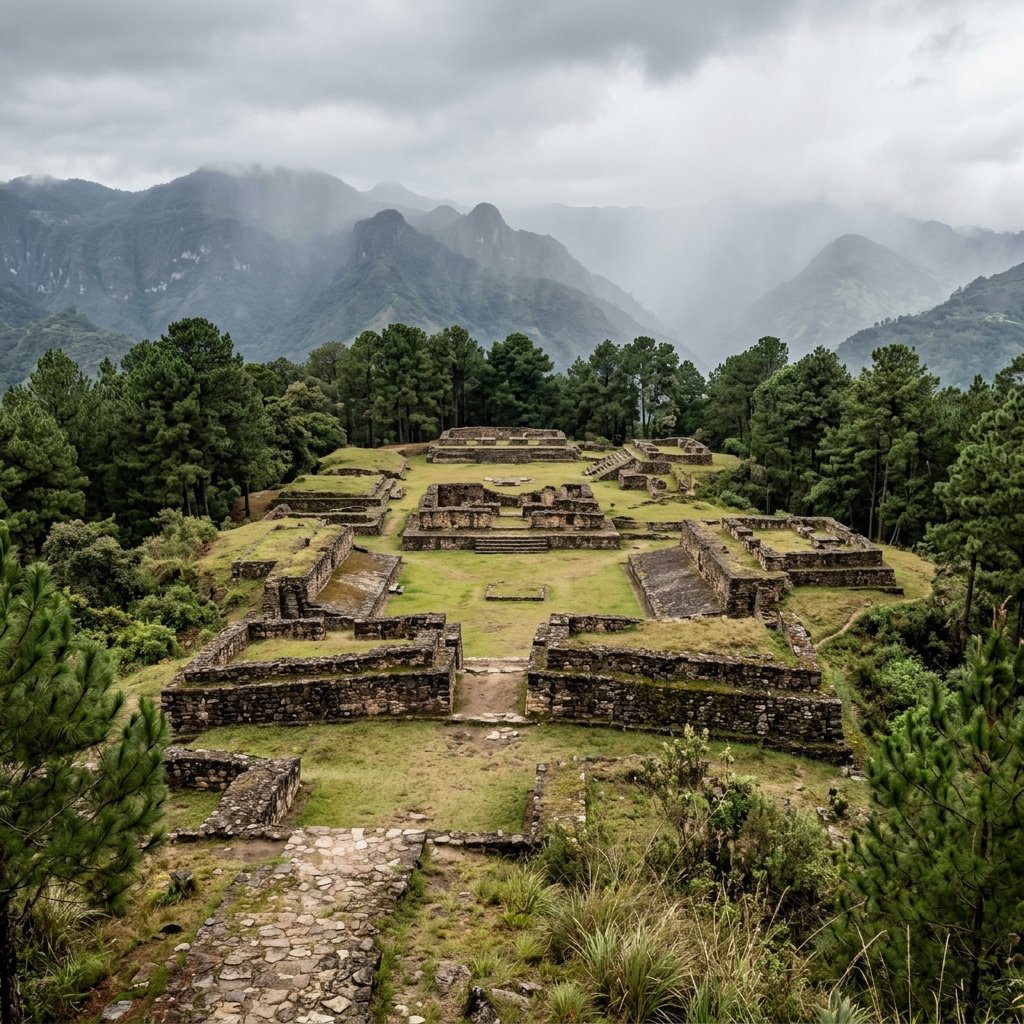 The archaeological ruins of Q'umarkaj, the ancient K'iche' Maya capital, with low stone foundation walls surrounded by pine trees and highland vegetation on a plateau with misty mountains in the background