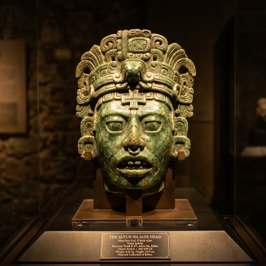 The Altun Ha Jade Head — large carved jadeite representation of the Maya Sun God