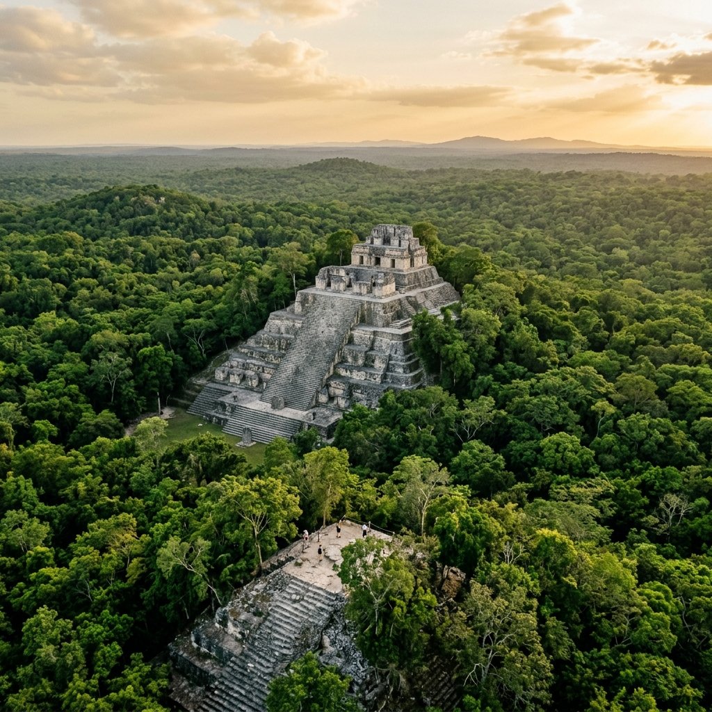 Structure II at Calakmul rising from an endless sea of jungle canopy