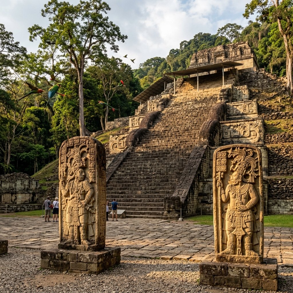 The Hieroglyphic Stairway at Copán with carved stelae in the foreground