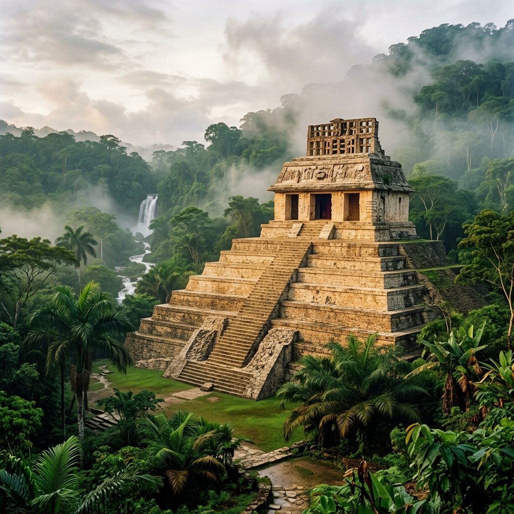 The Temple of the Inscriptions at Palenque set against misty jungle hills