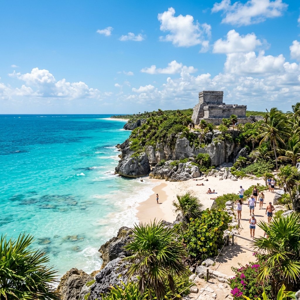 The clifftop ruins of Tulum perched above the turquoise Caribbean Sea