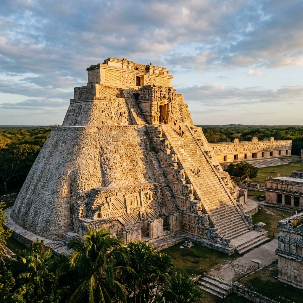 The Pyramid of the Magician at Uxmal with ornate Puuc geometric facades