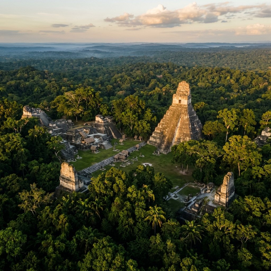 An aerial view of ancient Maya ruins emerging from dense tropical rainforest, with a stepped pyramid temple catching golden afternoon sunlight above the jungle canopy
