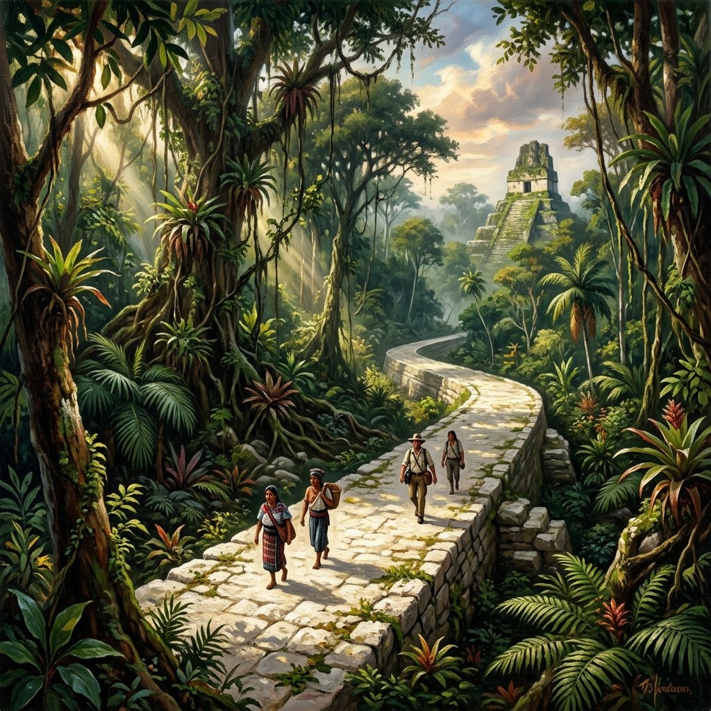 Ancient Maya white limestone road stretching through tropical jungle, raised above the forest floor