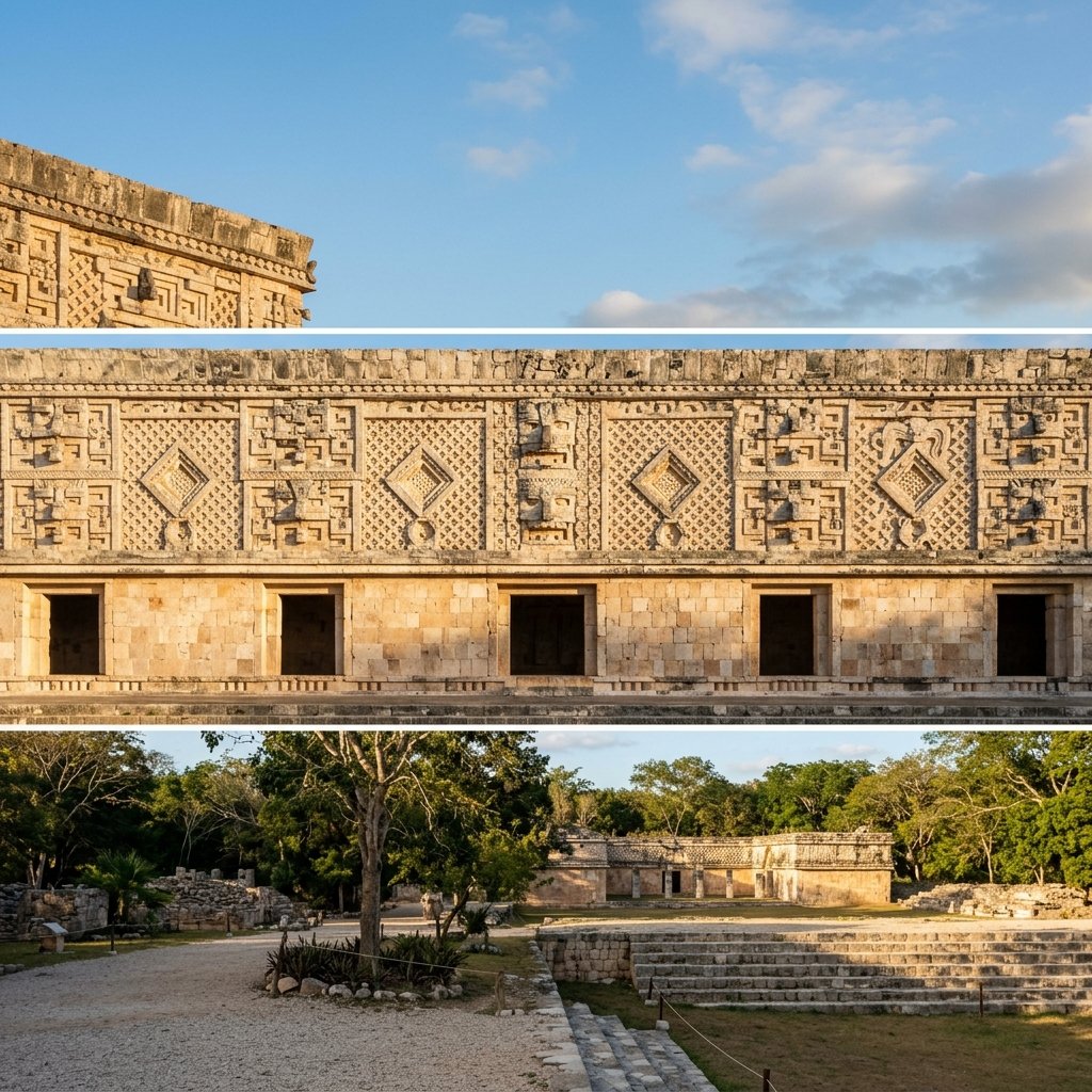 The ornate geometric stone facade of the Governor's Palace at Uxmal, covered with intricate carved stone patterns demonstrating the mathematical precision of Maya architectural decoration
