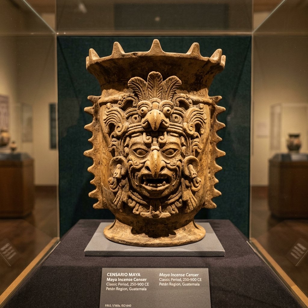 Maya ceramic incense censer with deity face