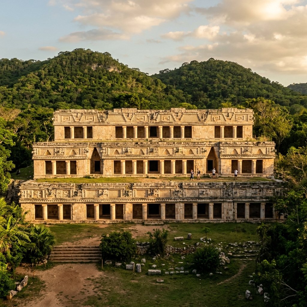 The three-story Great Palace at Sayil set against the Puuc hills of Yucatán