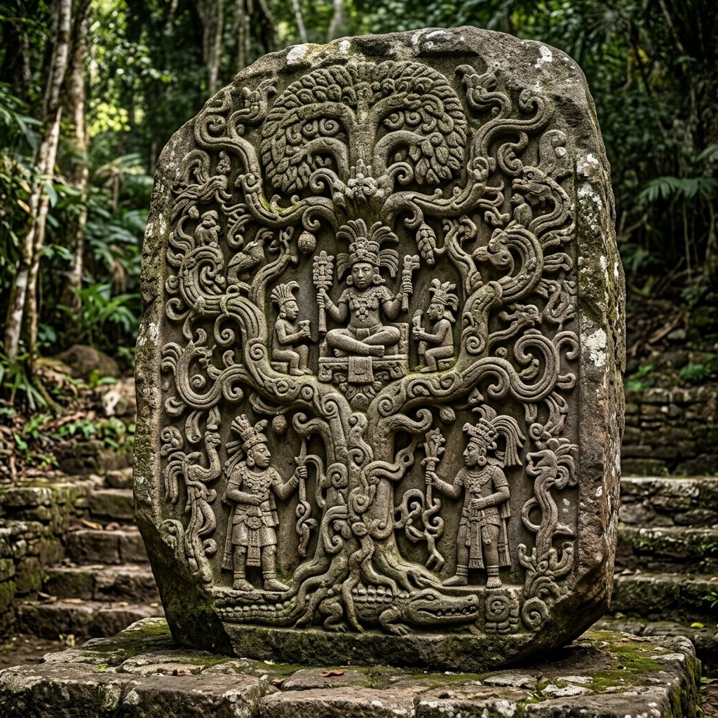 Ancient Mesoamerican carved stone stela showing an elaborate tree-of-life scene with multiple human figures, deities, and flowing organic vine-like patterns in Izapan style